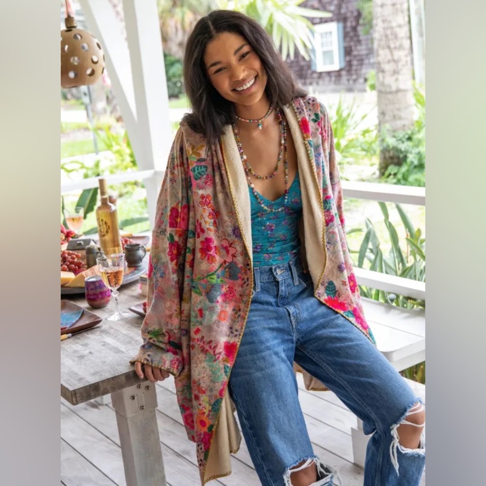 NATURAL LIFE Cozy Hooded Blanket Kimono Oversized Boho Floral Robe S/M